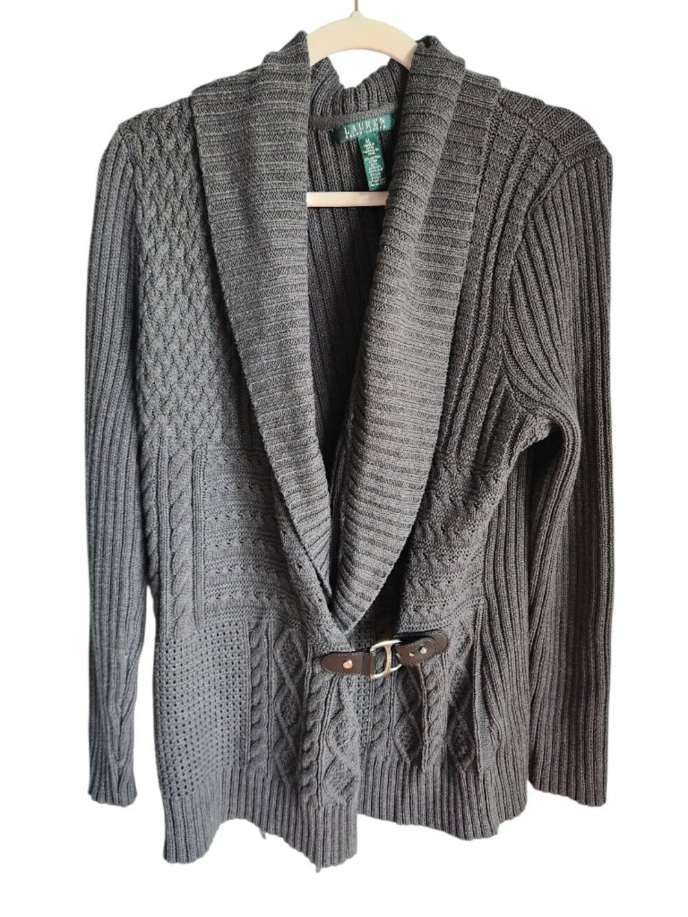 Lauren Ralph Lauren Sweater XL Women's Gray Green Cable Knit Cardigan